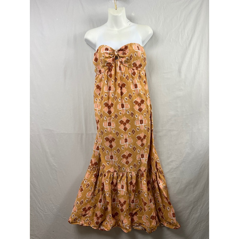 Aerie Maxi Dress Womens Medium Orange Ikat Linen Blend Strapless Smocked Boho